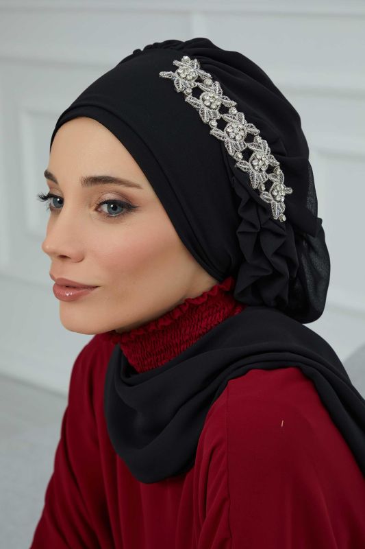 Yandan Fırfırlı Taş Aksesuarlı Şifon Hazır Türban,HT-100,HT-100 Siyah - 2