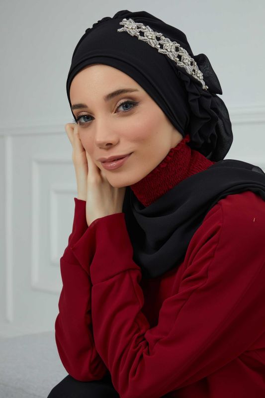 Yandan Fırfırlı Taş Aksesuarlı Şifon Hazır Türban,HT-100,HT-100 Siyah - 3
