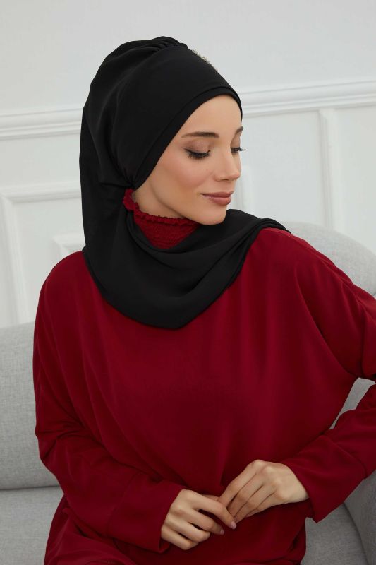 Yandan Fırfırlı Taş Aksesuarlı Şifon Hazır Türban,HT-100,HT-100 Siyah - 4
