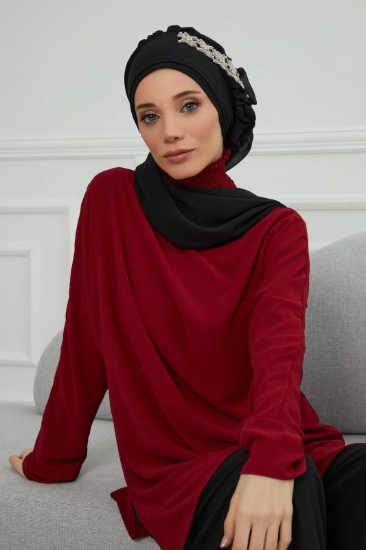 Yandan Fırfırlı Taş Aksesuarlı Şifon Hazır Türban,HT-100,HT-100 Siyah - 5