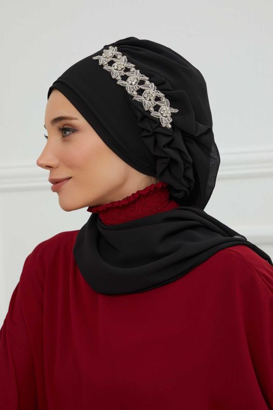 Yandan Fırfırlı Taş Aksesuarlı Şifon Hazır Türban,HT-100,HT-100 Siyah - 6