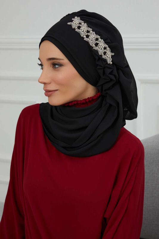 Yandan Fırfırlı Taş Aksesuarlı Şifon Hazır Türban,HT-100,HT-100 Siyah - 7
