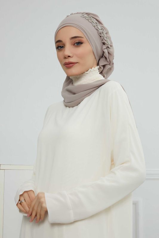 Yandan Fırfırlı Taş Aksesuarlı Şifon Hazır Türban,HT-100,HT-100 Vizon - 2