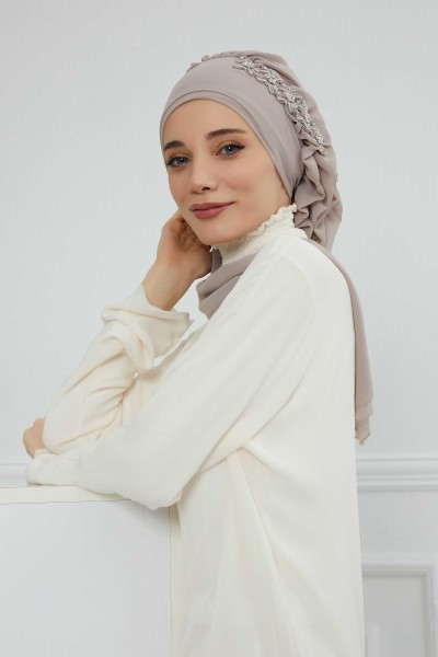 إيشارب شيفون جاهز بكشكشة جانبية وإكسسوارات حجرية، HT-100، HT-100 مينك - Thumbnail