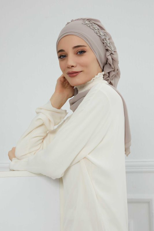 Yandan Fırfırlı Taş Aksesuarlı Şifon Hazır Türban,HT-100,HT-100 Vizon - 3