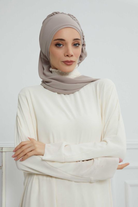 Yandan Fırfırlı Taş Aksesuarlı Şifon Hazır Türban,HT-100,HT-100 Vizon - 4