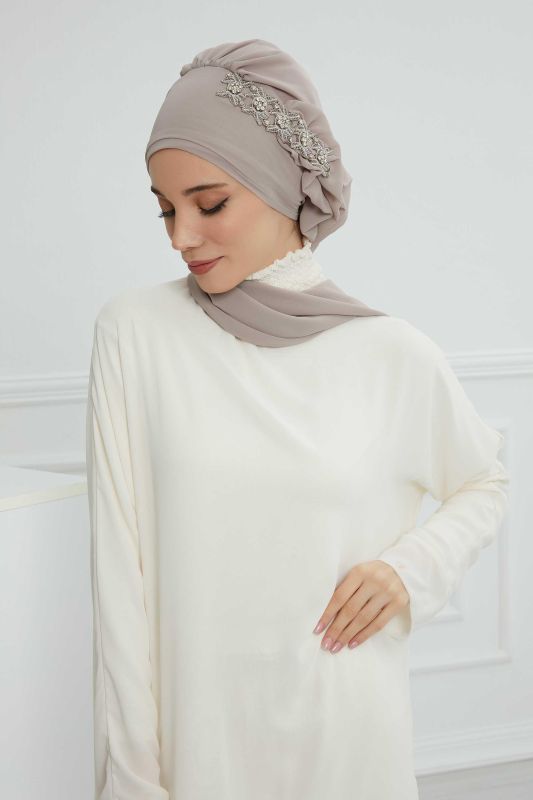 Yandan Fırfırlı Taş Aksesuarlı Şifon Hazır Türban,HT-100,HT-100 Vizon - 5