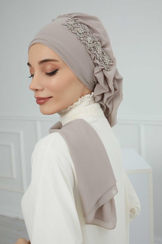 Yandan Fırfırlı Taş Aksesuarlı Şifon Hazır Türban,HT-100,HT-100 Vizon - 6