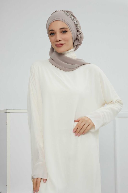 Yandan Fırfırlı Taş Aksesuarlı Şifon Hazır Türban,HT-100,HT-100 Vizon - 8