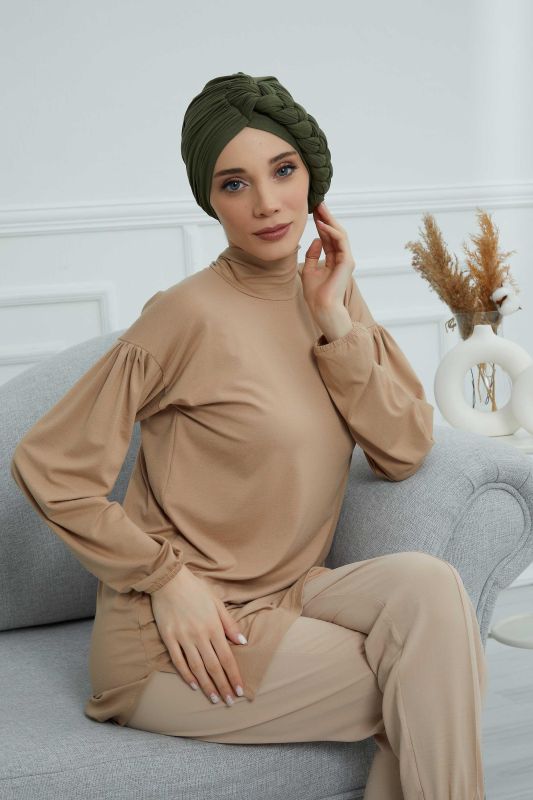 Yandan Örgülü Penye Bone,B-3 Haki Yeşili - 4
