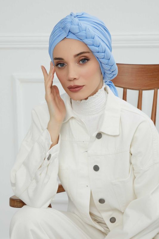 Side Braided Combed Cotton Bonnet, B-3 Blue - 1