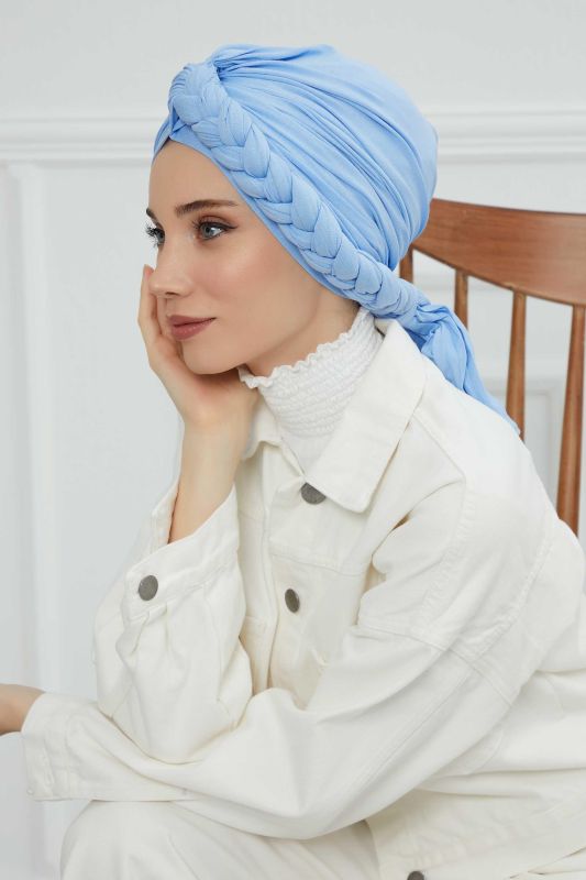 Side Braided Combed Cotton Bonnet, B-3 Blue - 2