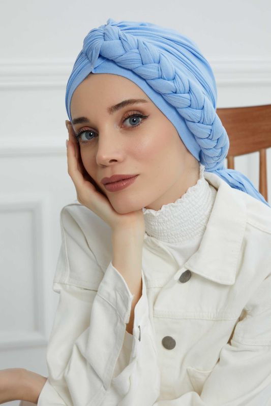 Side Braided Combed Cotton Bonnet, B-3 Blue - 3