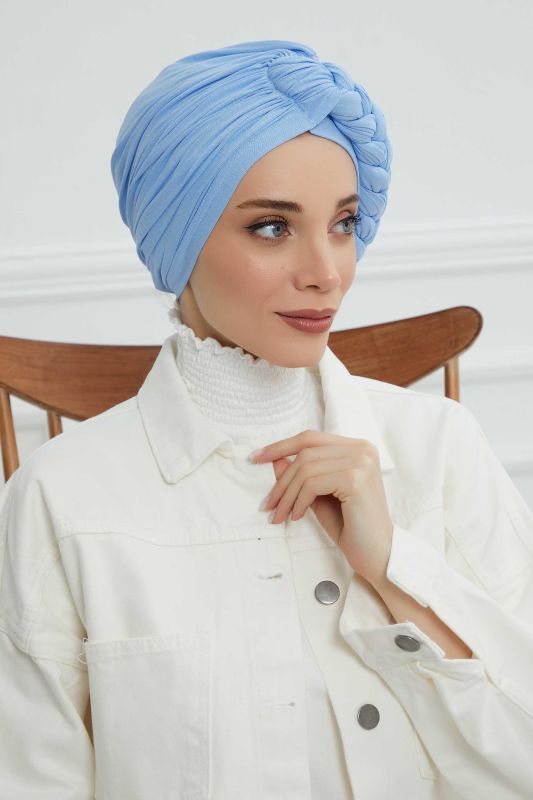 Side Braided Combed Cotton Bonnet, B-3 Blue - 4