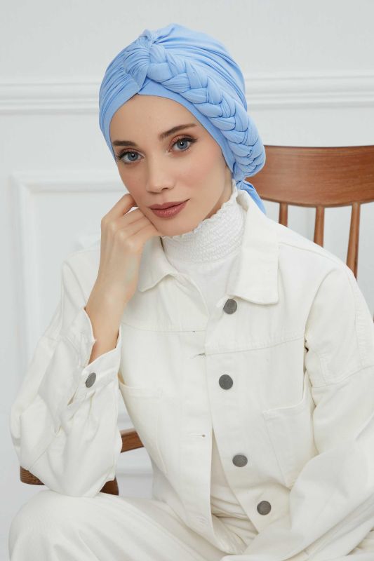 Side Braided Combed Cotton Bonnet, B-3 Blue - 5