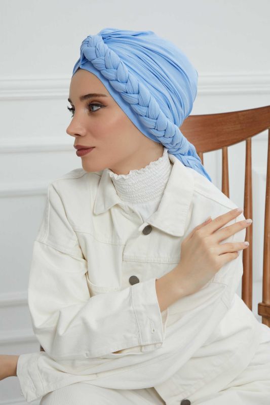 Side Braided Combed Cotton Bonnet, B-3 Blue - 6