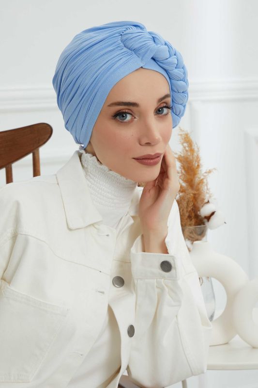 Side Braided Combed Cotton Bonnet, B-3 Blue - 7