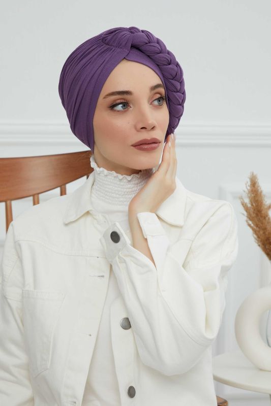 Side Braided Combed Cotton Bonnet,B-3 Purple 2 - 2
