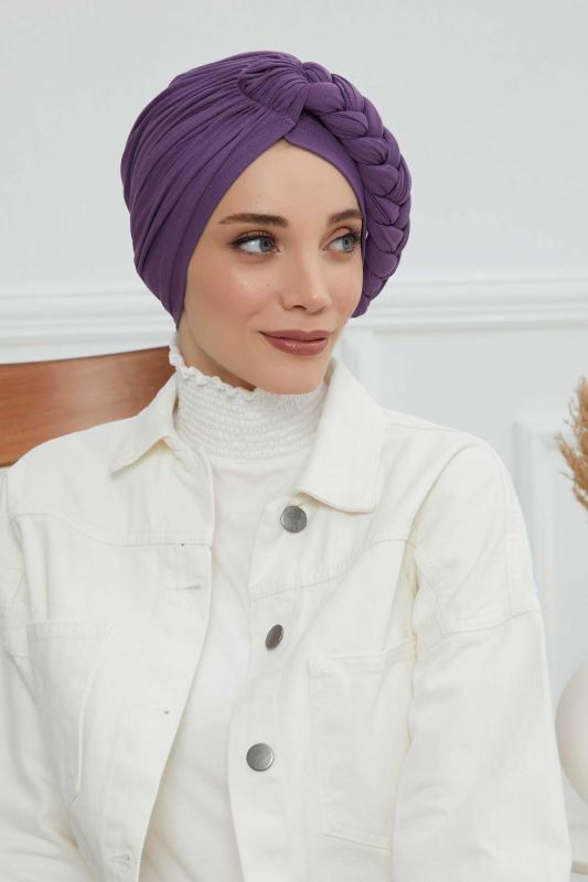 Side Braided Combed Cotton Bonnet,B-3 Purple 2 - 3