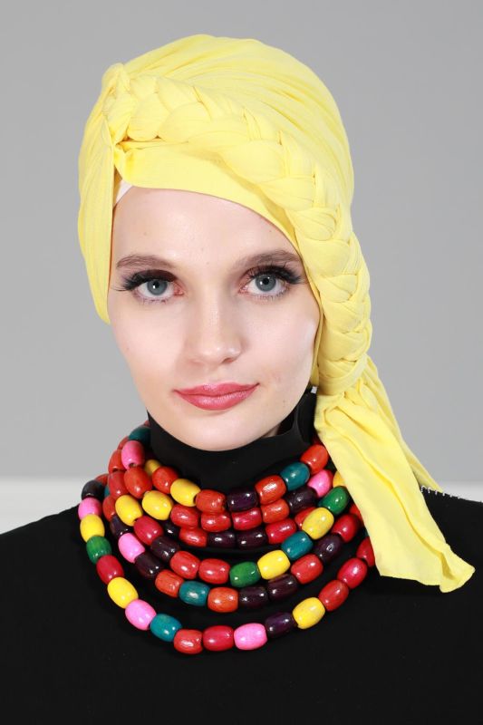Side Braided Combed Cotton Bonnet, B-3 Yellow - 1