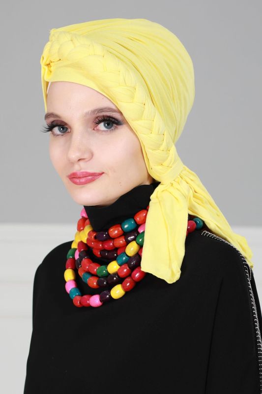 Side Braided Combed Cotton Bonnet, B-3 Yellow - 2
