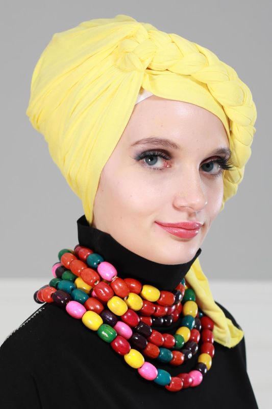 Side Braided Combed Cotton Bonnet, B-3 Yellow - 3