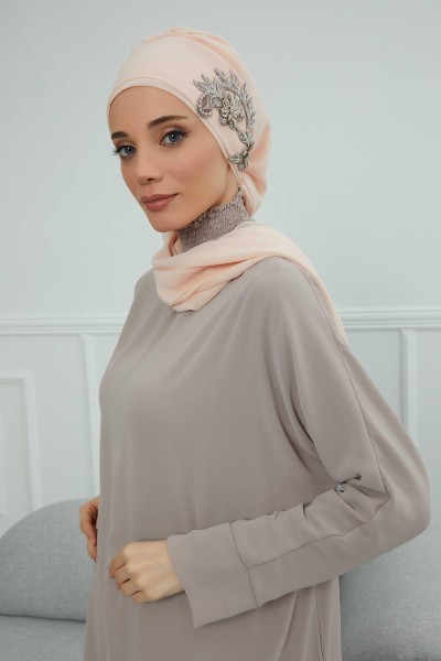 Moda Çizgi - Yandan Taş Çiçek Aksesuarlı Şifon Hazır Türban,HT-104,HT-104 Bej