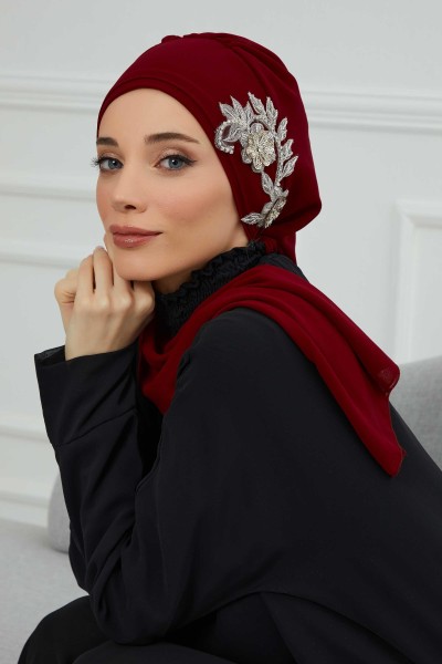 Moda Çizgi - Yandan Taş Çiçek Aksesuarlı Şifon Hazır Türban,HT-104,HT-104 Bordo