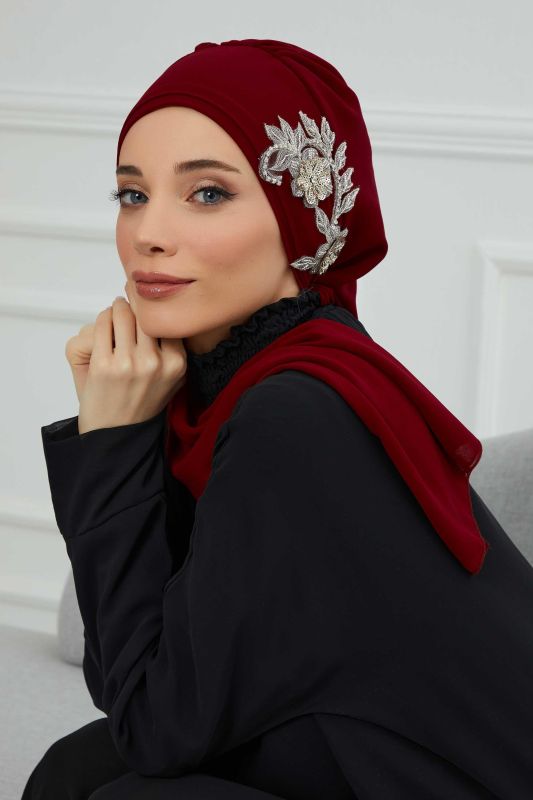 Yandan Taş Çiçek Aksesuarlı Şifon Hazır Türban,HT-104,HT-104 Bordo - 1