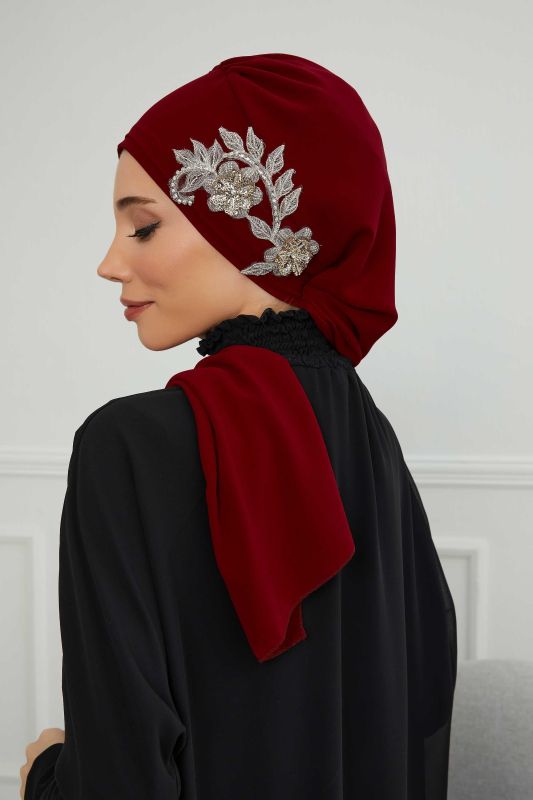 Yandan Taş Çiçek Aksesuarlı Şifon Hazır Türban,HT-104,HT-104 Bordo - 2