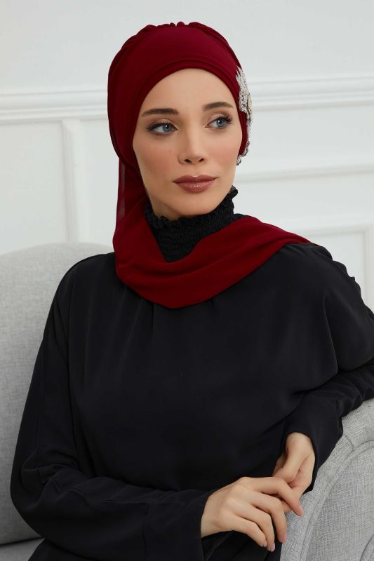 Yandan Taş Çiçek Aksesuarlı Şifon Hazır Türban,HT-104,HT-104 Bordo - 3