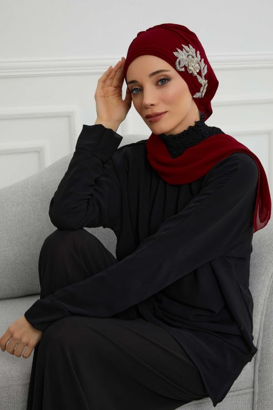 Yandan Taş Çiçek Aksesuarlı Şifon Hazır Türban,HT-104,HT-104 Bordo - 4