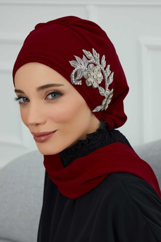 Yandan Taş Çiçek Aksesuarlı Şifon Hazır Türban,HT-104,HT-104 Bordo - 5