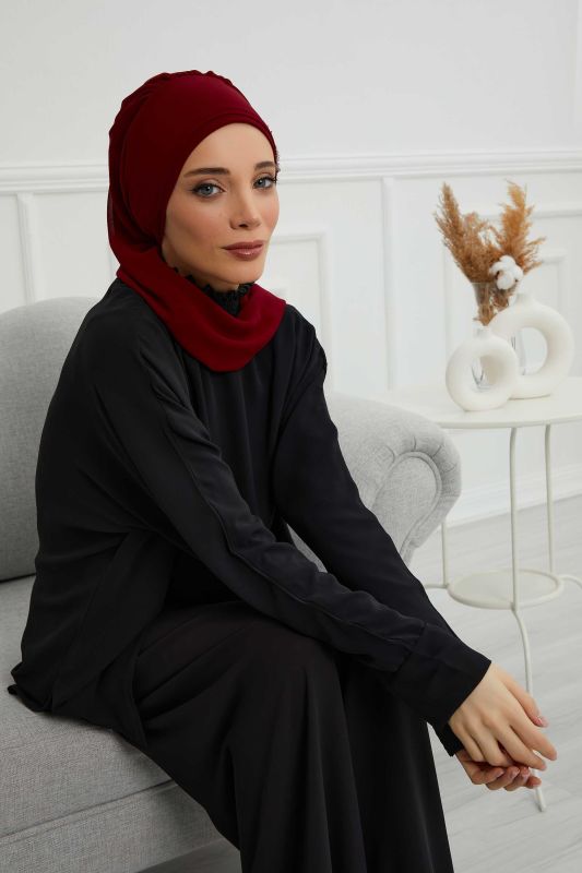 Yandan Taş Çiçek Aksesuarlı Şifon Hazır Türban,HT-104,HT-104 Bordo - 6