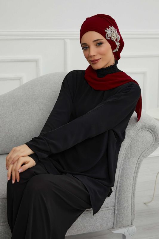 Yandan Taş Çiçek Aksesuarlı Şifon Hazır Türban,HT-104,HT-104 Bordo - 7