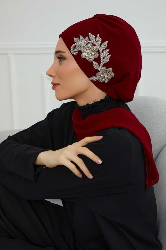 Yandan Taş Çiçek Aksesuarlı Şifon Hazır Türban,HT-104,HT-104 Bordo - 8
