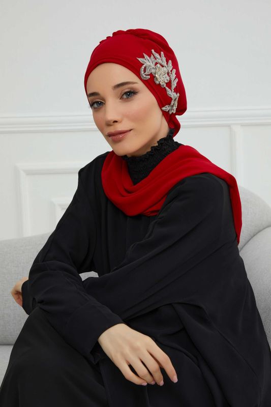 Yandan Taş Çiçek Aksesuarlı Şifon Hazır Türban,HT-104,HT-104 Kırmızı - 1