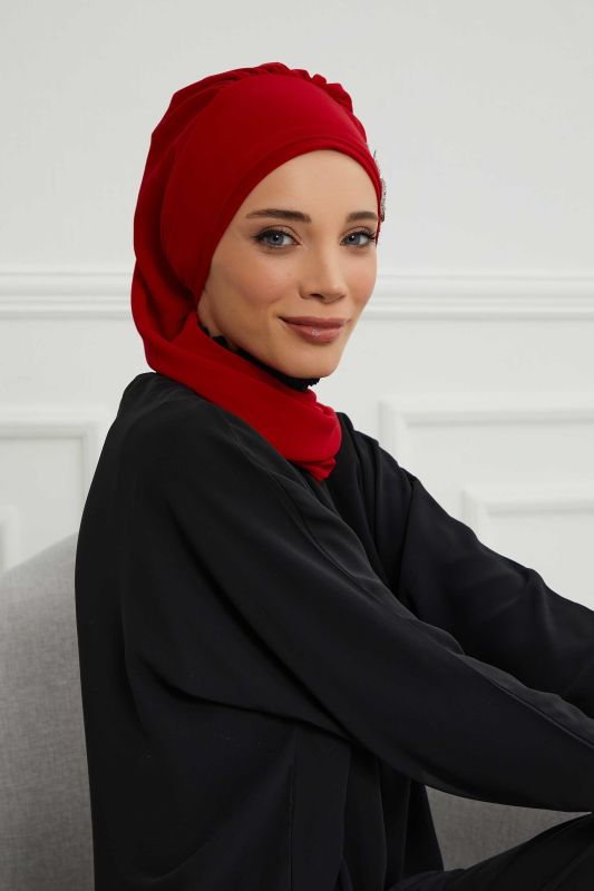 Yandan Taş Çiçek Aksesuarlı Şifon Hazır Türban,HT-104,HT-104 Kırmızı - 2
