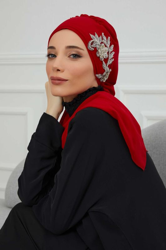 Yandan Taş Çiçek Aksesuarlı Şifon Hazır Türban,HT-104,HT-104 Kırmızı - 4