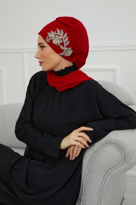 Yandan Taş Çiçek Aksesuarlı Şifon Hazır Türban,HT-104,HT-104 Kırmızı - 5