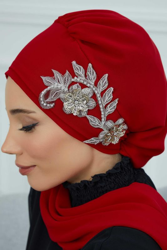 Yandan Taş Çiçek Aksesuarlı Şifon Hazır Türban,HT-104,HT-104 Kırmızı - 6