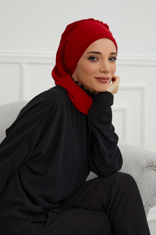 Yandan Taş Çiçek Aksesuarlı Şifon Hazır Türban,HT-104,HT-104 Kırmızı - 7