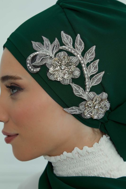 Yandan Taş Çiçek Aksesuarlı Şifon Hazır Türban,HT-104,HT-104 Koyu Yeşil - 6