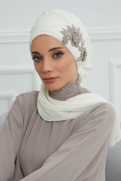 Moda Çizgi - Chiffon Ready-made Scarf with Stone Flower Accessory on the Side, HT-104, HT-104 Cream