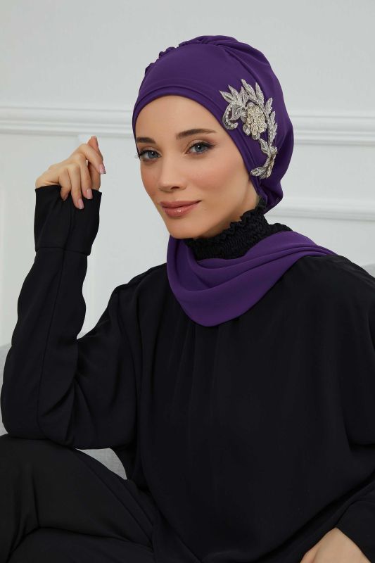 Yandan Taş Çiçek Aksesuarlı Şifon Hazır Türban,HT-104,HT-104 Mor - 1