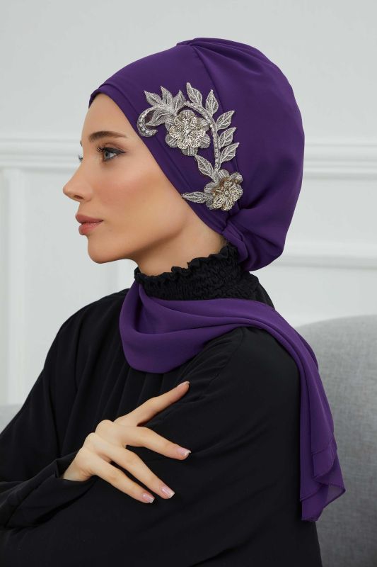 Yandan Taş Çiçek Aksesuarlı Şifon Hazır Türban,HT-104,HT-104 Mor - 2
