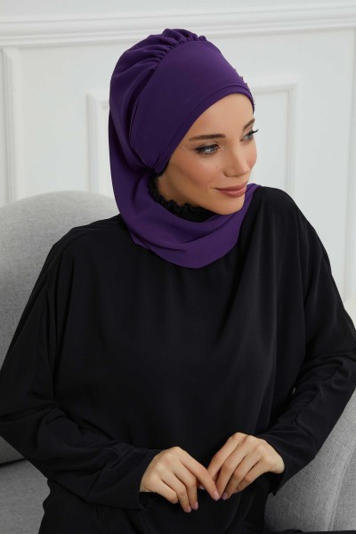 وشاح شيفون جاهز مع إكسسوار زهرة حجرية جانبية، HT-104، HT-104 أرجواني - Thumbnail