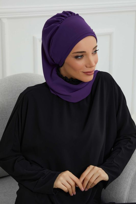 Yandan Taş Çiçek Aksesuarlı Şifon Hazır Türban,HT-104,HT-104 Mor - 6