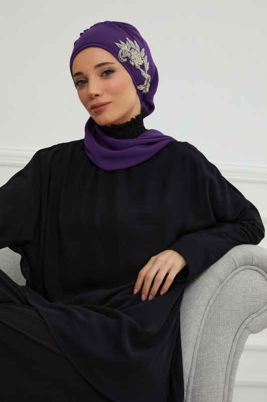 Yandan Taş Çiçek Aksesuarlı Şifon Hazır Türban,HT-104,HT-104 Mor - 8