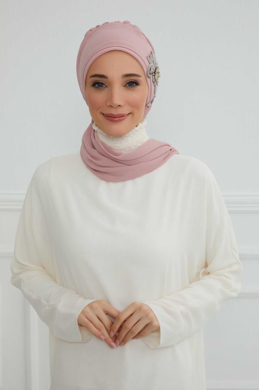 Yandan Taş Çiçek Aksesuarlı Şifon Hazır Türban,HT-104,HT-104 Pudra - 1